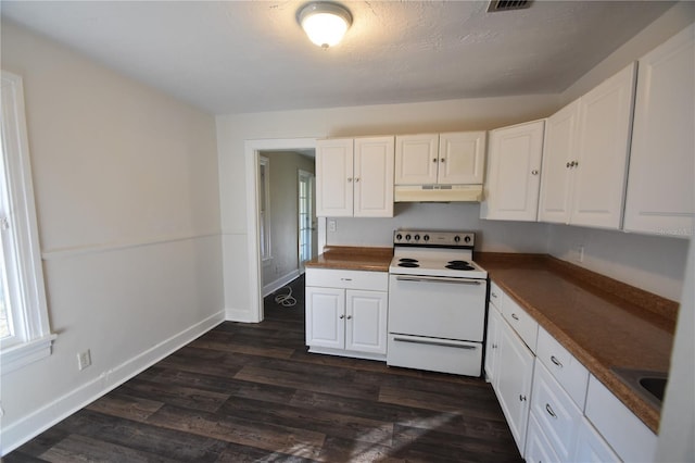 kitchen with a textured ceiling, white cabinetry, white electric range, and dark wood-type flooring