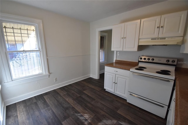 kitchen with white cabinetry, dark hardwood / wood-style floors, and white electric range