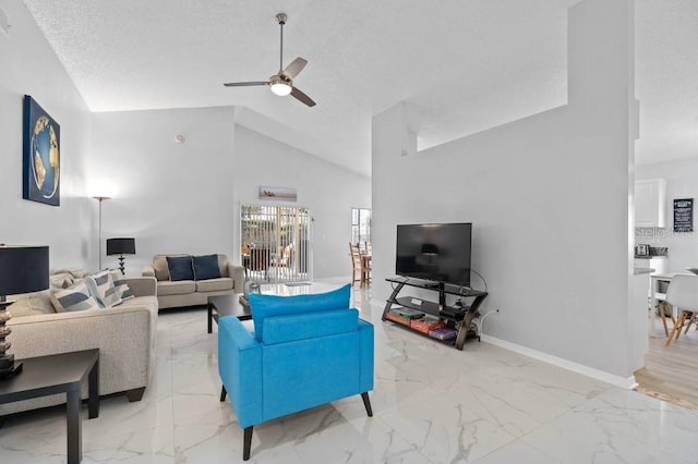 living room with ceiling fan, a textured ceiling, and high vaulted ceiling