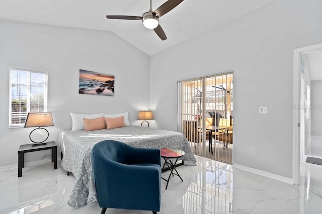 bedroom with ceiling fan and vaulted ceiling