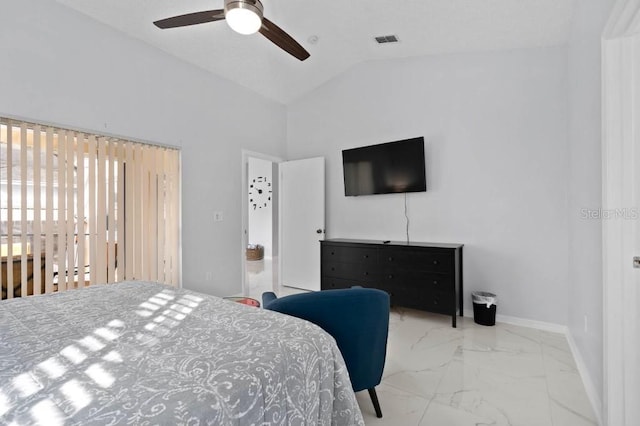 bedroom with ceiling fan and vaulted ceiling