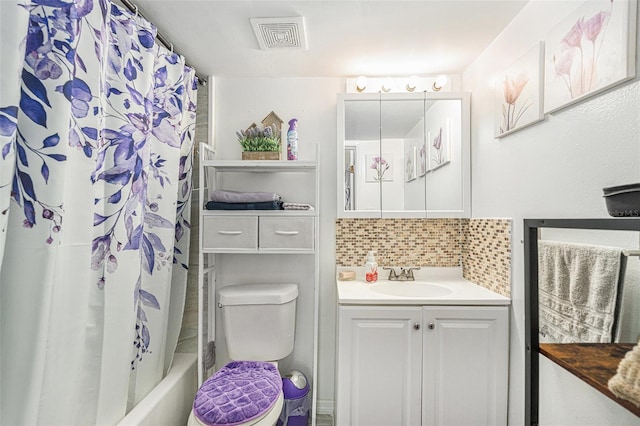 full bathroom with vanity, shower / bath combination with curtain, toilet, and tasteful backsplash