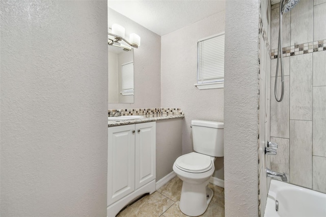 full bathroom featuring shower / tub combination, vanity, toilet, and tile patterned floors