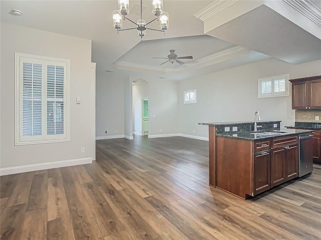 10130 Balcony St, New Port Richey, FL 34655 - kitchen with a sink, a raised ceiling, stainless steel dishwasher, open floor plan, and a ceiling fan