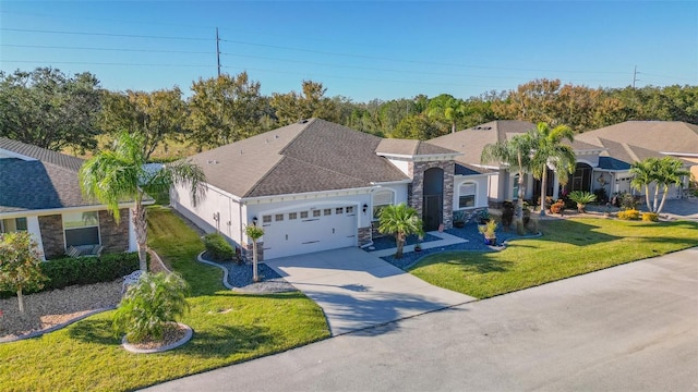 ranch-style house featuring a garage and a front yard