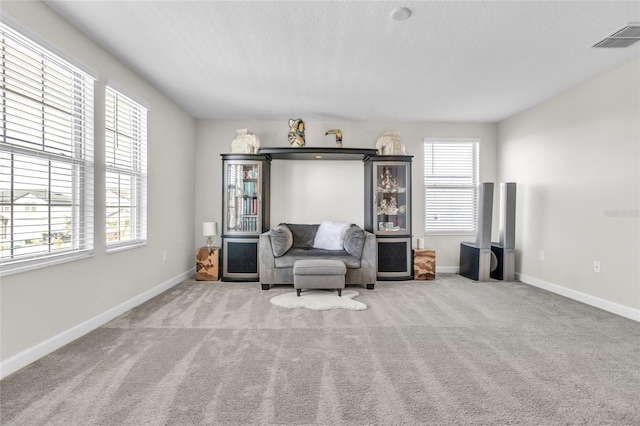 living area featuring light carpet