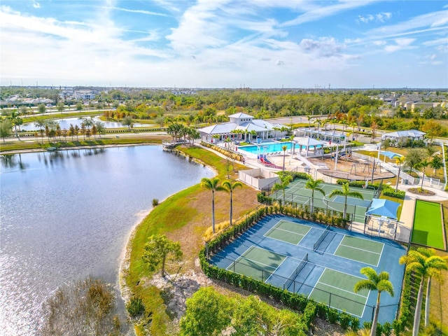 aerial view featuring a water view