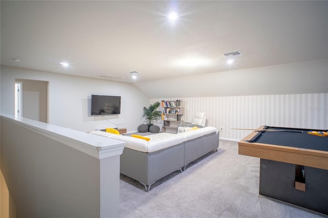 playroom with light colored carpet, lofted ceiling, and billiards