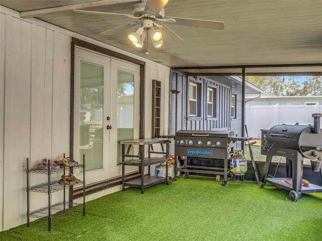 exterior space with ceiling fan and french doors