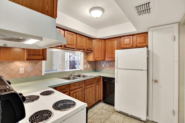 kitchen featuring white appliances, backsplash, sink, light tile patterned floors, and island range hood