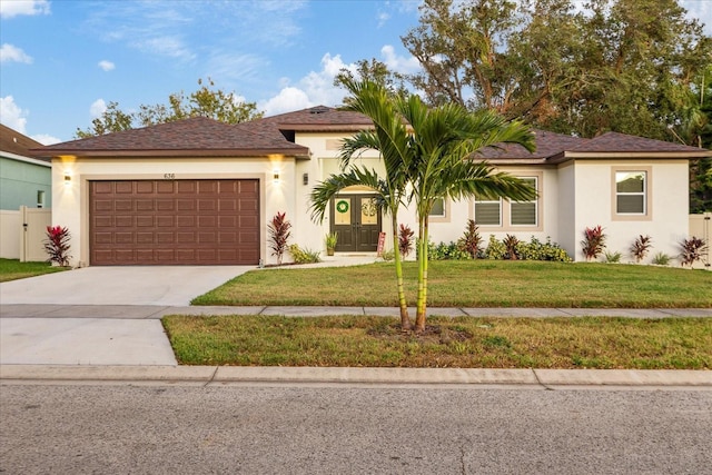 view of front of home with a garage and a front lawn