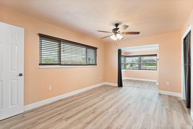 unfurnished bedroom with light hardwood / wood-style flooring and ceiling fan