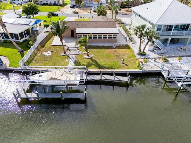 drone / aerial view with a water view