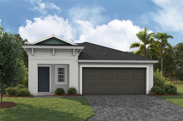 view of front of home featuring an attached garage, roof with shingles, decorative driveway, stucco siding, and a front yard