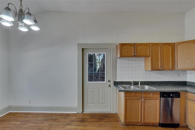 kitchen featuring dishwasher, sink, an inviting chandelier, backsplash, and decorative light fixtures