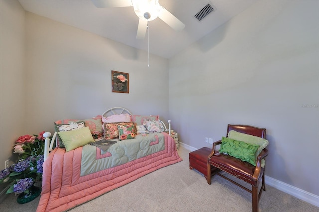 bedroom with carpet, ceiling fan, and lofted ceiling