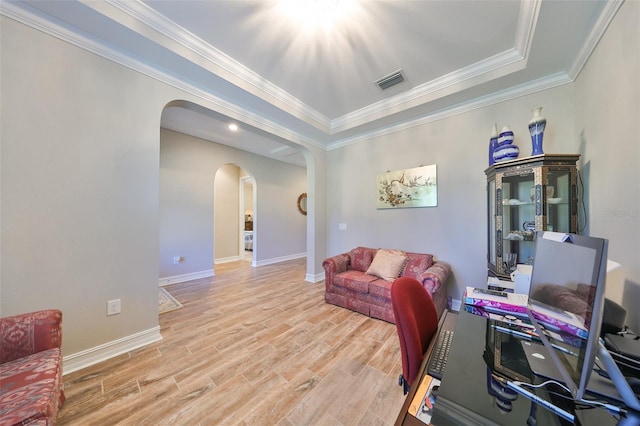 13230 Fawn Lily Dr, Riverview, FL 33579 - office featuring arched walkways, wood finished floors, ornamental molding, baseboards, and a tray ceiling