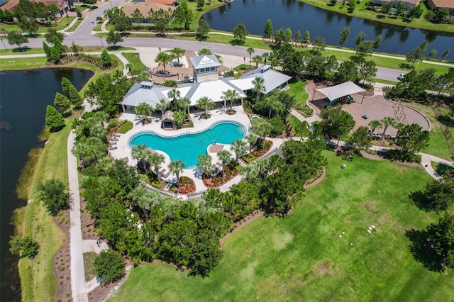 birds eye view of property featuring a water view