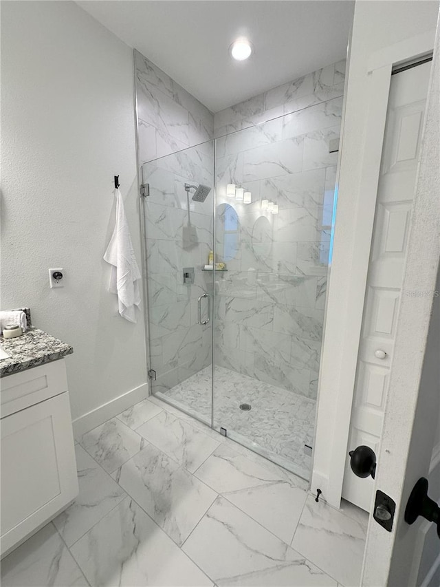 3208 Deleuil Ave, Tampa, FL 33610 - full bath featuring a marble finish shower, baseboards, vanity, marble finish flooring, and recessed lighting