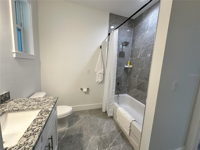 full bathroom featuring vanity, toilet, and shower / bathtub combination with curtain