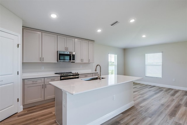 kitchen featuring stainless steel appliances, visible vents, light wood-style flooring, gray cabinetry, and a sink