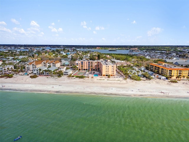 aerial view featuring a view of the beach and a water view