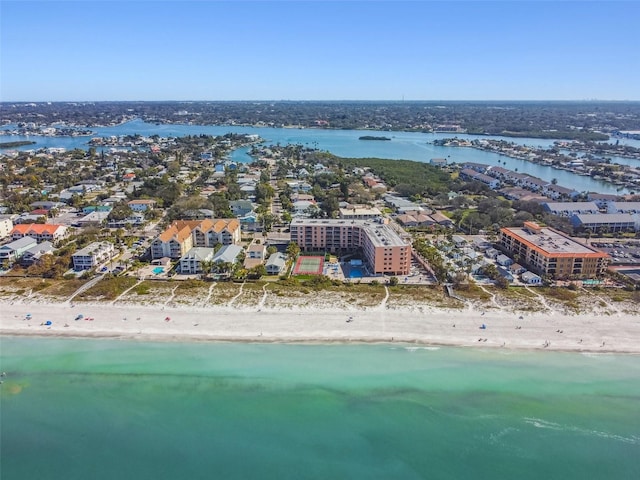 drone / aerial view with a view of the beach and a water view