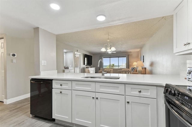 kitchen with white cabinets, sink, kitchen peninsula, and stainless steel range with electric cooktop