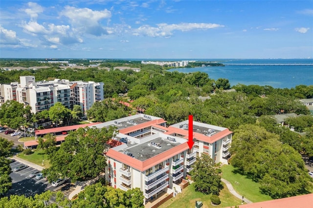 drone / aerial view with a water view