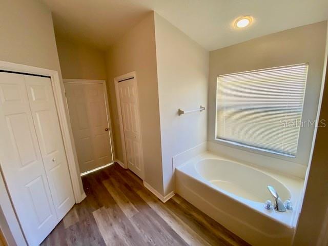 bathroom featuring wood-type flooring and a tub to relax in