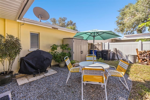 view of patio with a shed and grilling area