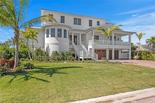 view of front of property featuring stairway, a front yard, stucco siding, a garage, and driveway