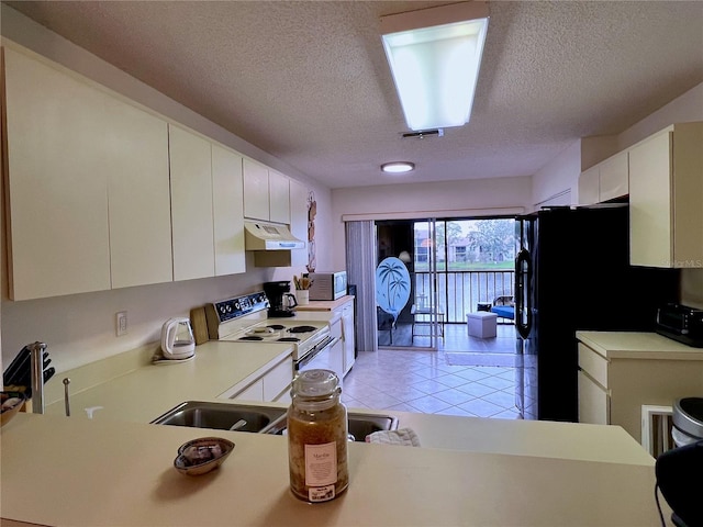 kitchen featuring kitchen peninsula, white electric range, a textured ceiling, and white cabinetry