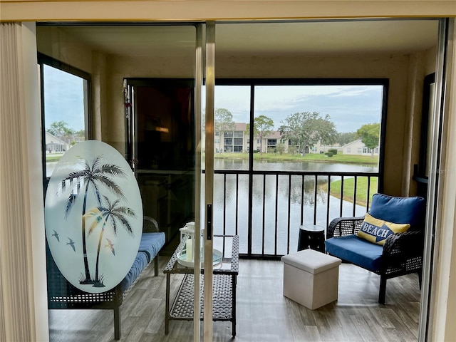 sunroom with a water view