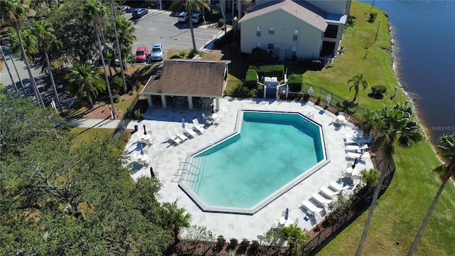 drone / aerial view with a water view