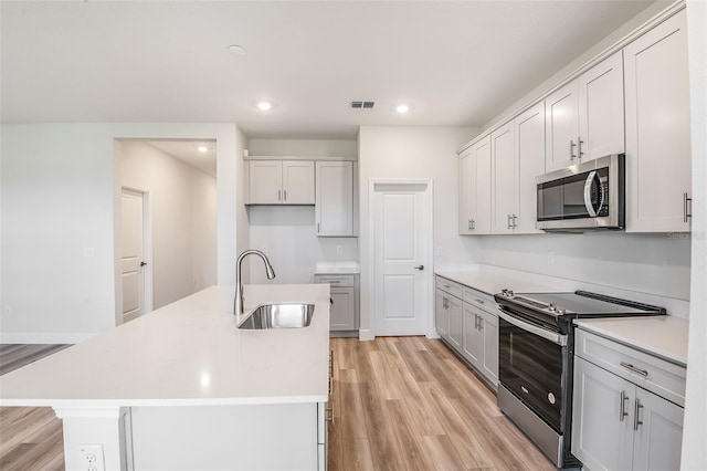 kitchen with stainless steel appliances, a sink, visible vents, light wood-type flooring, and an island with sink