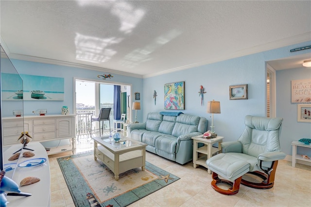 living room featuring light tile patterned floors, a textured ceiling, and ornamental molding