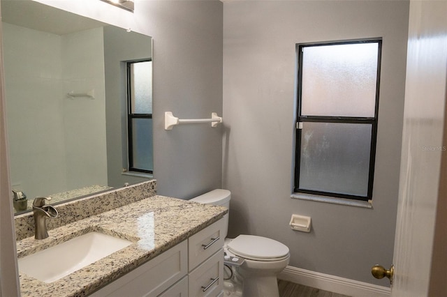 bathroom with hardwood / wood-style flooring, vanity, and toilet