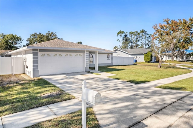 ranch-style house featuring a front yard and a garage