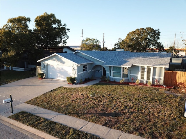 ranch-style home with a garage and a front lawn