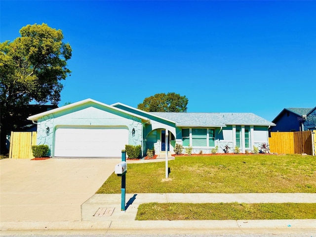 single story home featuring a front yard and a garage