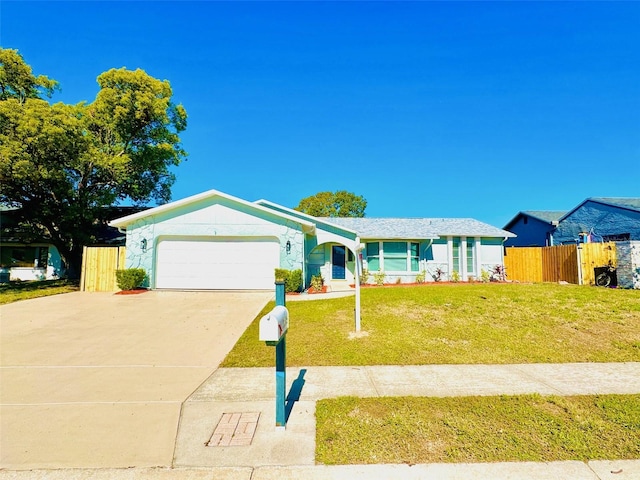 single story home featuring a front yard and a garage