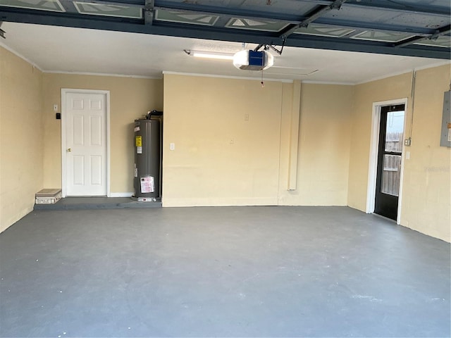 garage featuring electric water heater and a garage door opener