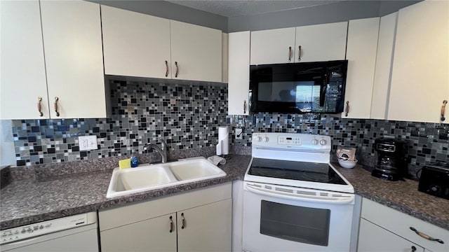 kitchen featuring white appliances, backsplash, sink, a textured ceiling, and white cabinetry