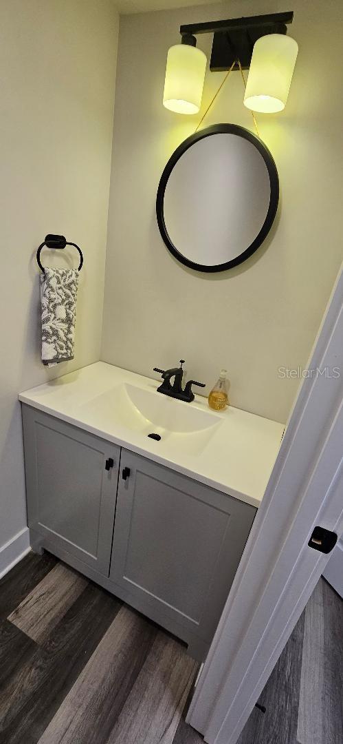 bathroom with hardwood / wood-style floors and vanity