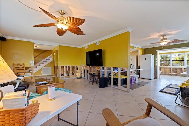 tiled living room with ornamental molding