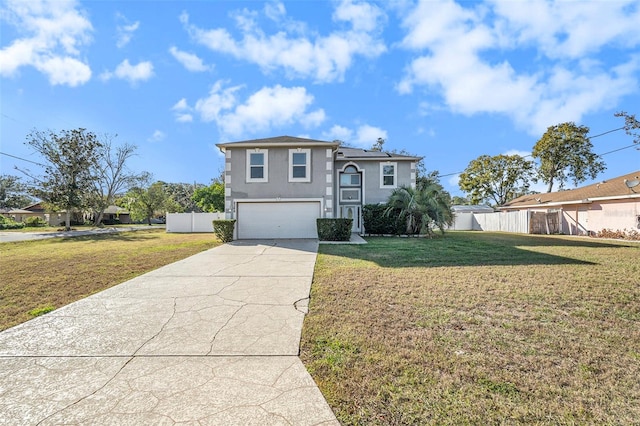 view of front of property with a garage, a front yard, and solar panels