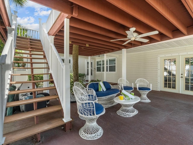 view of patio / terrace with outdoor lounge area, french doors, and ceiling fan