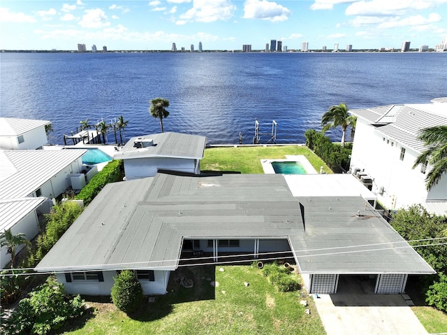 aerial view featuring a water view