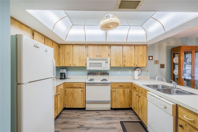 kitchen with sink, wood-type flooring, and white appliances